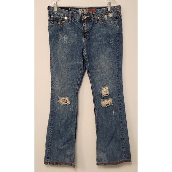 Mossimo Jeans Blue Denim Mid Rise Modern Boot Cut Distressed‎ Womens 15 34x32 - Picture 2 of 16